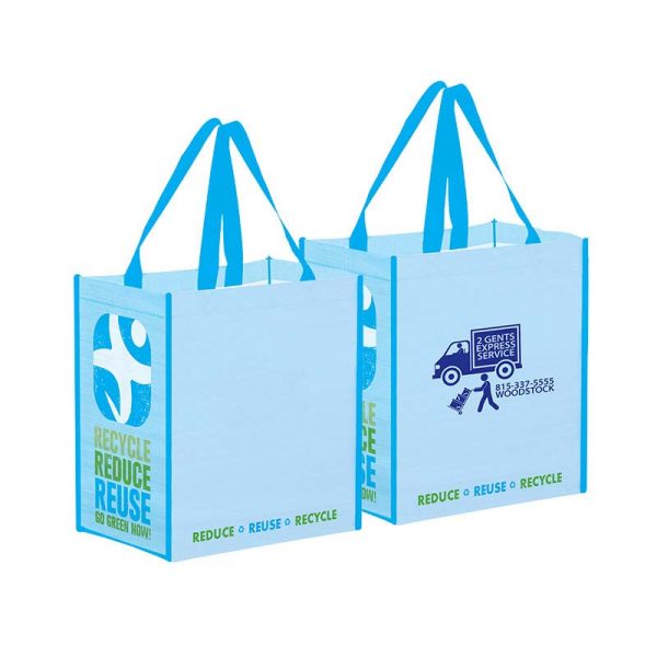 Reusable Grocery bags from recycled materials with recycling artwork and custom printed logo in bulk