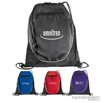 Promotional Backpacks in Bulk - Available in black, blue, red, and purple.