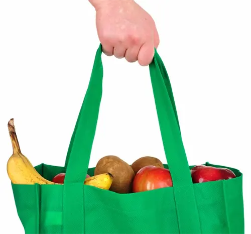 Hand carrying a green reusable shopping bag filled with fresh produce.