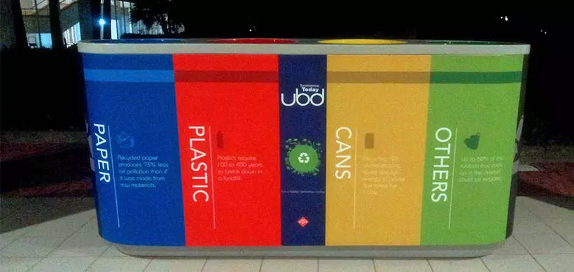 Color-coded recycle bins for paper plastic cans and other