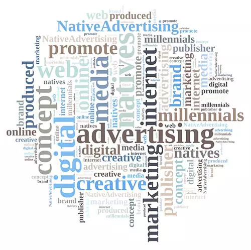 A word cloud with terms such as native advertising, marketing Internet, digital, creative, concept, etc.