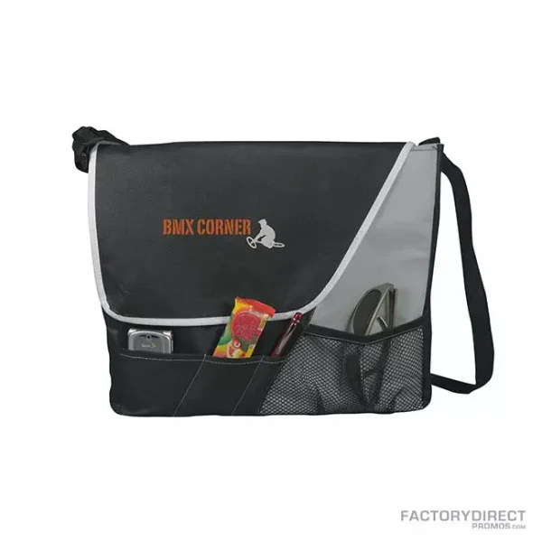 Custom branded black messenger bags with shoulder strap and exterior pockets.