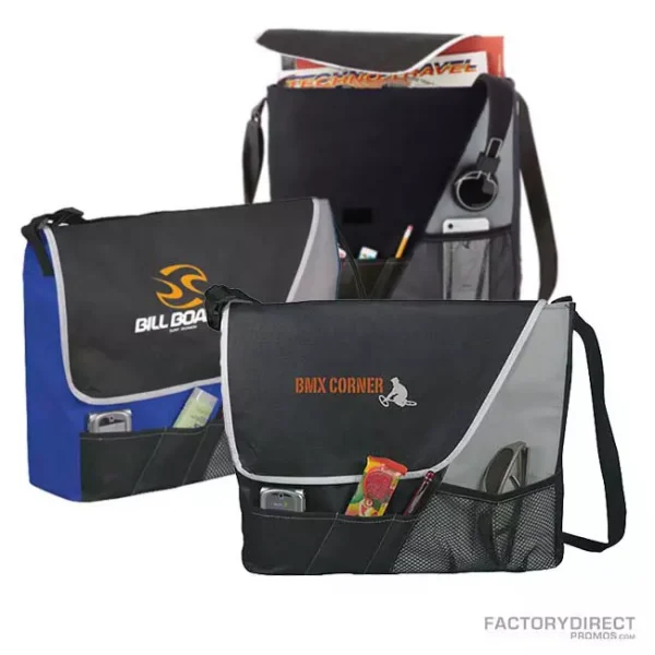Custom branded messenger bags with shoulder strap and exterior pockets