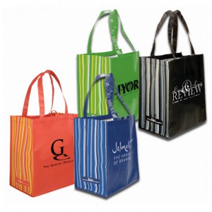 Four different colored reusable shopping bags made from RPET.