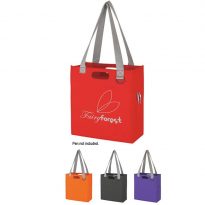Reusable Shopping Totes with side pocket and D-ring. strap handles and cut-outs for carrying. Available in many colors.