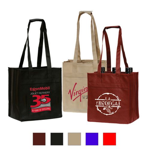 6-bottle wine totes with custom printed logos available in various colors