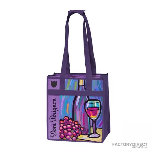 A purple color-themed 6-bottle wine bag with reinforced handles
