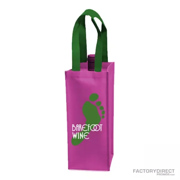 A green and magenta 1-bottle reusable wine tote available in bulk
