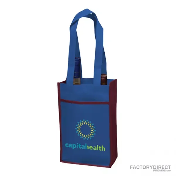 A blue 2-bottle custom wine tote with maroon sides