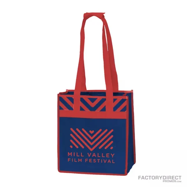 A custom red and blue 6-bottle reusable wine tote for a festival event