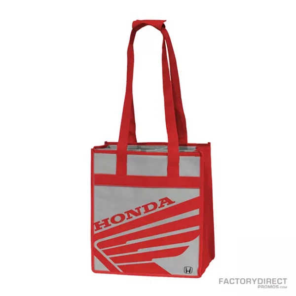 Red and gray custom 6-bottle of wine tote with imprinted logo