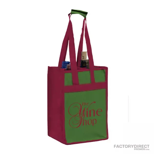Custom 4-bottle wine tote - Green front and deep red sides and handles