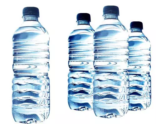 Clear plastic single use bottles of water