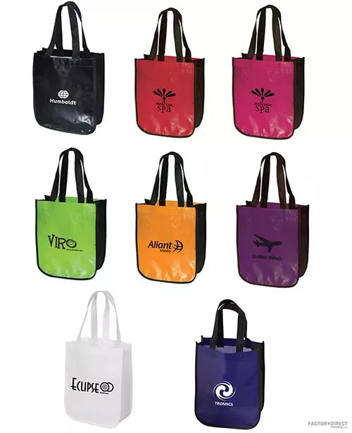 An assortment of colorful recycled custom logo bags