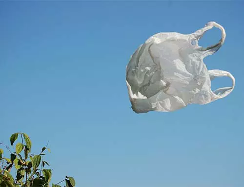 Single use plastic bag litter floating through the air