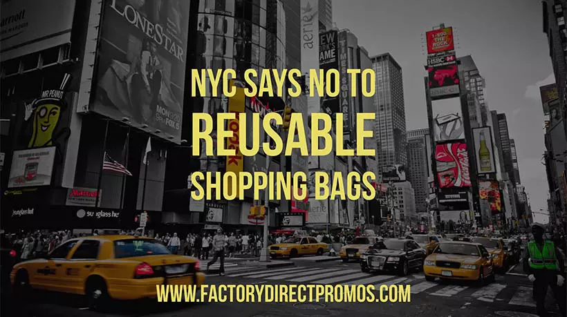 Busy New York City intersection with traffic and pedestrians with caption: NYC Says no to reusable shopping bags