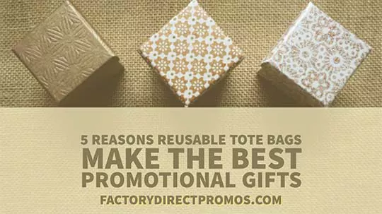 Three gift boxes sitting on canvas burlap with marketing caption about reusable tote bags