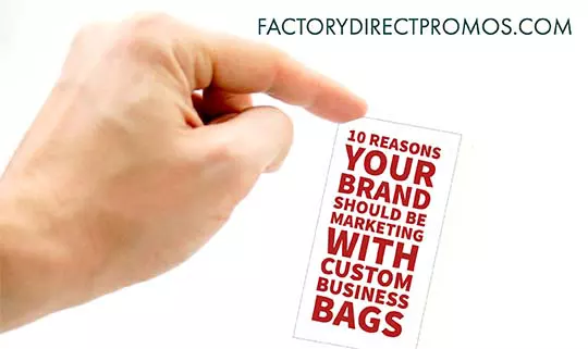 Isolated hand and finger pointing at caption: 10 Reasons Your Brand Should be Marketing with Custom Business Bags