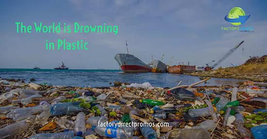 Ocean beaches polluted with plastics and decommissioned ships with caption: The World is Drowning in Plastic. It is Time for Reusable Bags
