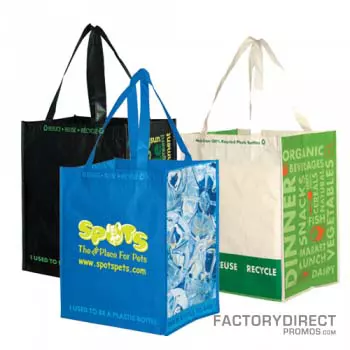 3 assorted laminated custom reusable shopping tote bags