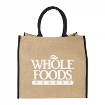 Custom printed reusable Jute Shopping Bag with Black Handles / Trim