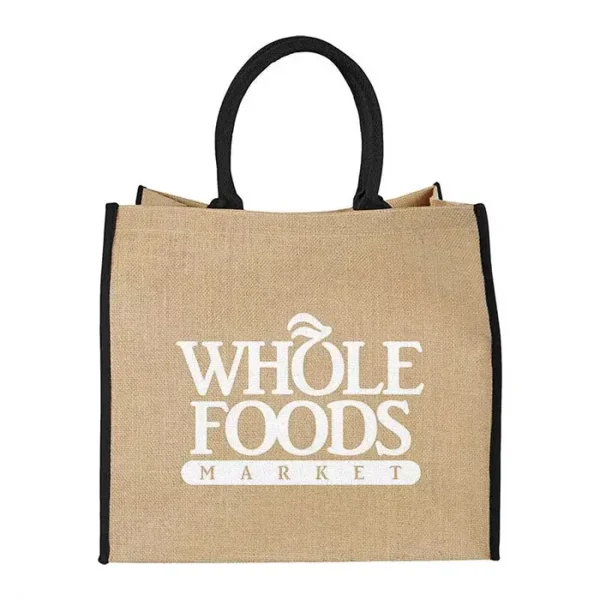 Custom printed reusable Jute Shopping Bag with Black Handles / Trim