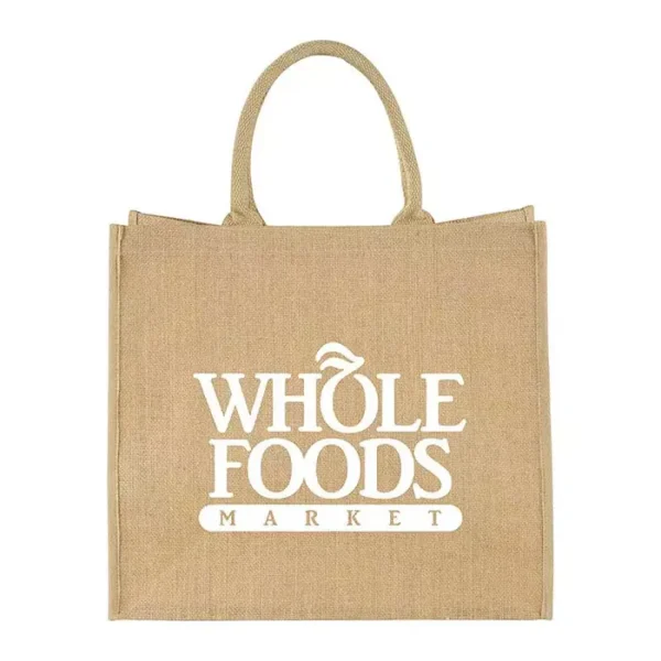 Custom printed reusable Jute Shopping Tote Bag with Natural Accent Trim and branded logo
