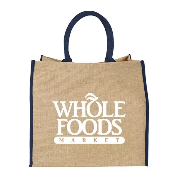 Custom printed reusable Jute Shopping Tote Bag with Royal Blue accent Trim and branded logo