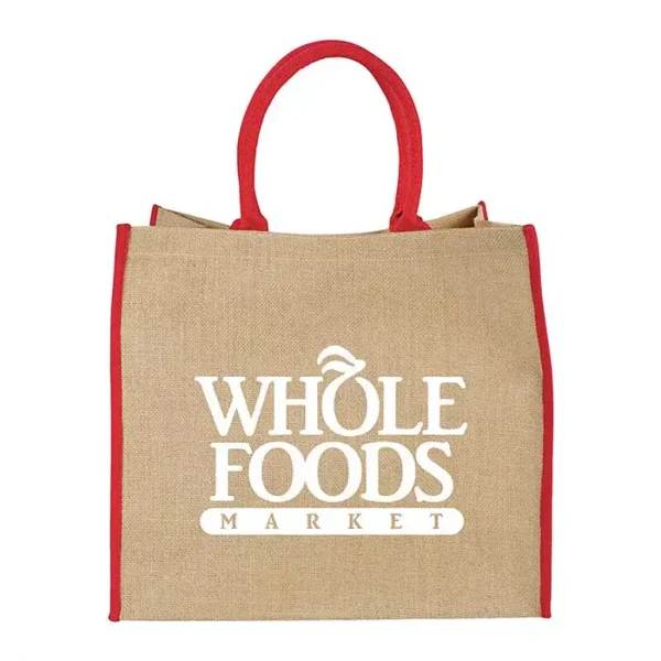Reusable Large Jute Shopping Tote Bag with Red Trim and custom printed with branded logo
