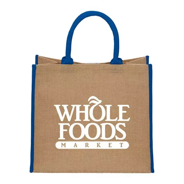 Reusable Large Jute Tote Shopping Bag with Royal Blue Trim and custom printed with branded logo
