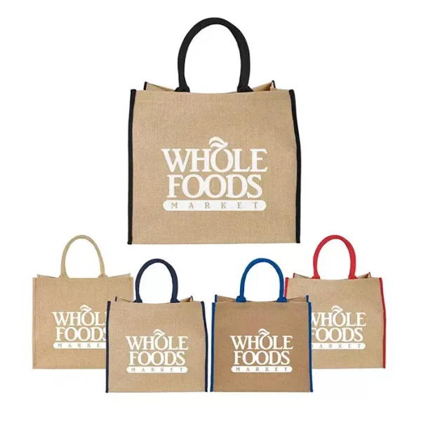 Custom printed reusable Jute Shopping Bags with choice of handle/trim accent color