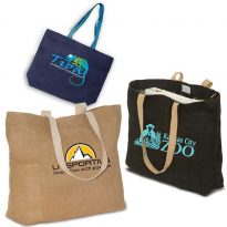 Custom printed promotional jute bags with flexible inner seams made from biodegradable natural jute material
