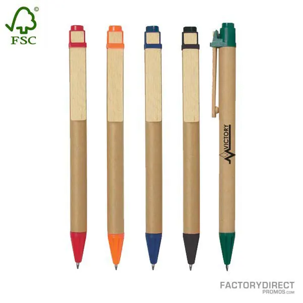 Recycled paper custom promotional pens in an assortment of colors
