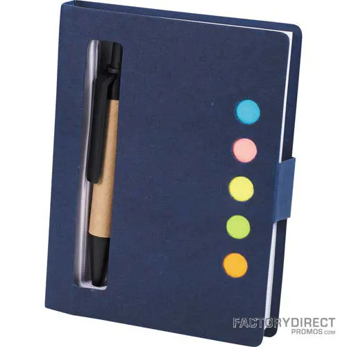 Personalized custom notebook with pen, pad of paper and sticky notes with blue cover