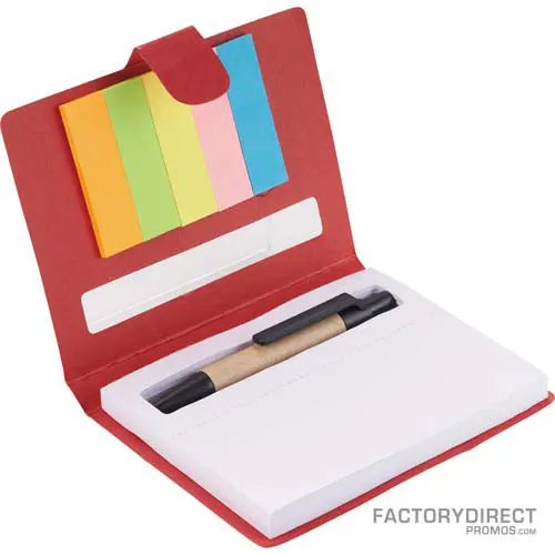 Personalized custom notebook with pen, pad of paper and sticky notes with red cover