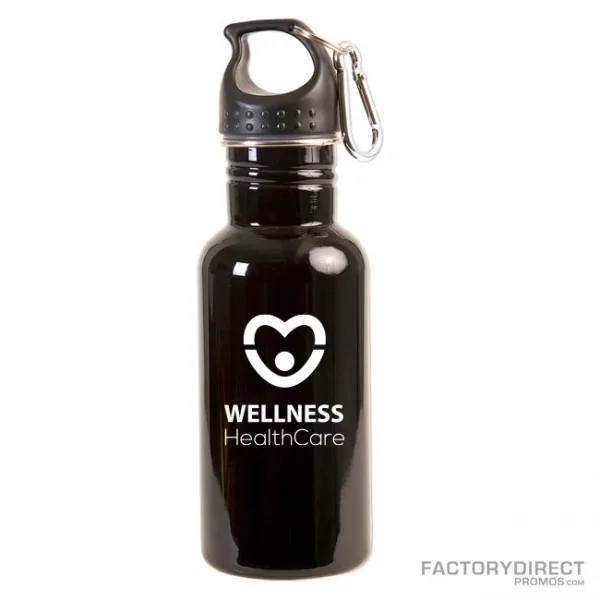 A custom printed, personalized silver stainless steel water bottle with twist screw cap and carabiner clip promoting wellness.
