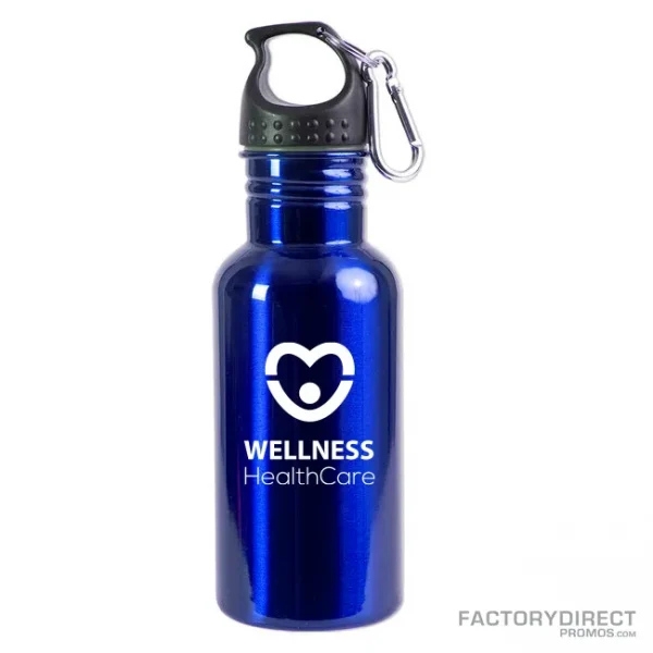 A custom printed, personalized blue stainless steel water bottle with twist screw cap and carabiner clip promoting wellness.