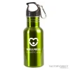 A custom printed, personalized lime green stainless steel water bottle with twist screw cap and carabiner clip promoting wellness.