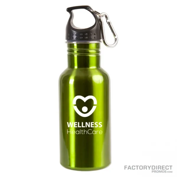 A custom printed, personalized lime green stainless steel water bottle with twist screw cap and carabiner clip promoting wellness.