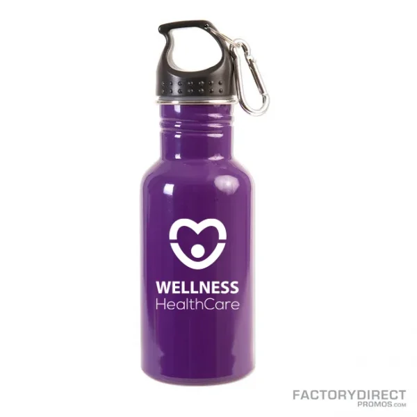 A custom printed, personalized purple stainless steel water bottle with twist screw cap and carabiner clip promoting wellness.