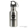 A custom printed, personalized silver stainless steel water bottle with twist screw cap and carabiner clip promoting wellness.