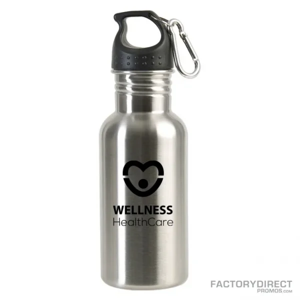 A custom printed, personalized silver stainless steel water bottle with twist screw cap and carabiner clip promoting wellness.