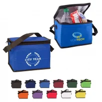 Assortment of wholesale custom printed insulated lunch tote bags available in bulk