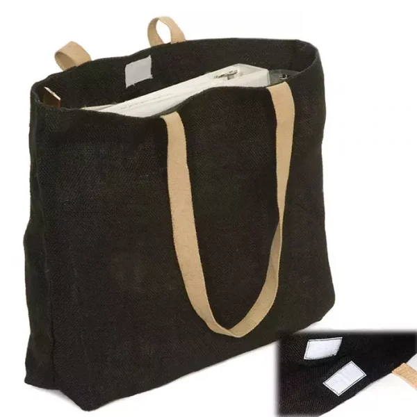 Black biodegradable custom jute bag with top closure