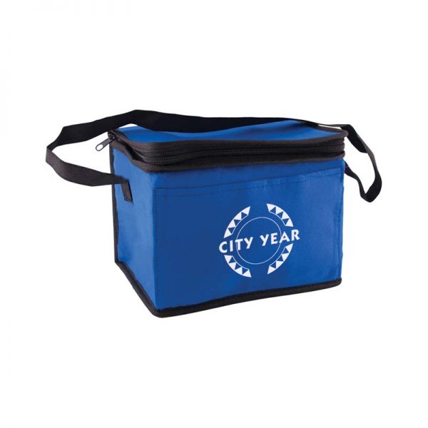 Custom printed blue insulated lunch bag with zipper and carry handle in bulk