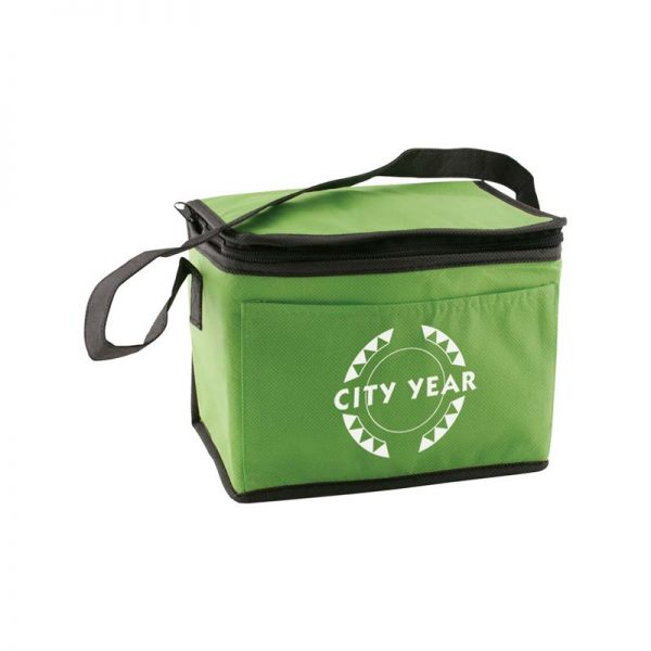 Wholesale custom printed lime green insulated lunch tote bag with black carry strap