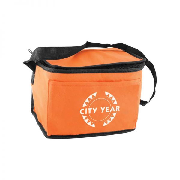 Custom printed orange insulated lunch tote bag in bulk