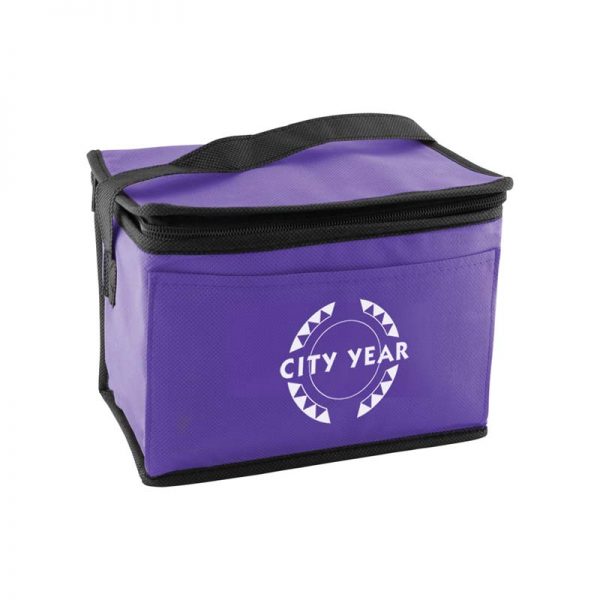 Custom printed purple insulated lunch tote bag in bulk