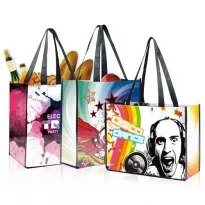 Custom dye sublimated laminated tote bags with handles and trip options