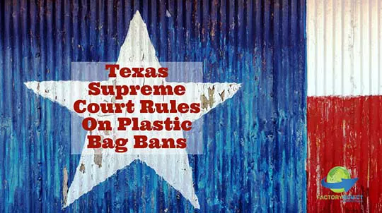 Distressed Texas flag painted on corrugated sheet metal with caption: Texas Supreme Court Rules On Plastic Bag Bans